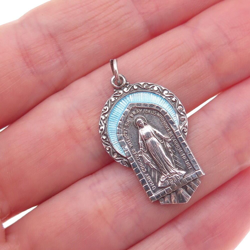 925 Sterling Silver Antique Art Deco Enamel St. Mary Miraculous Charm Pendant